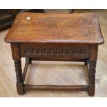 A reproduction oak stool, together with a reproduction small round oak table