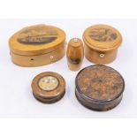 A collection of treen boxes to include; three Mauchline ware sewing related boxes depicting transfer