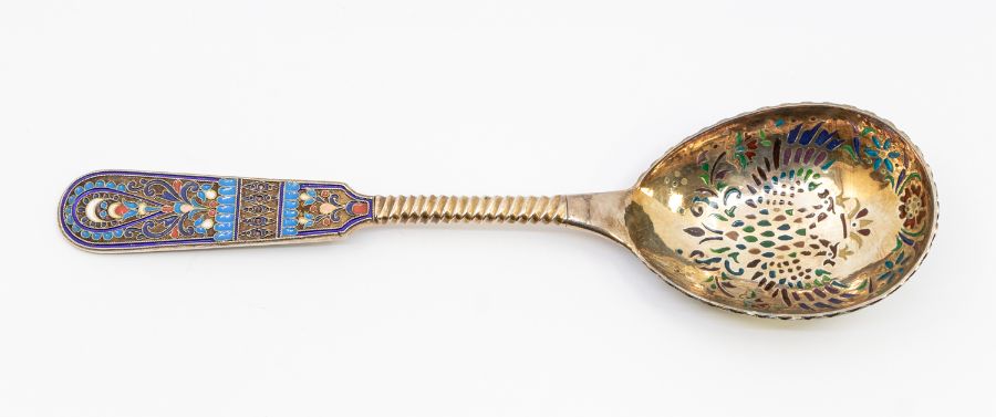 A mid to late 20th Century Russian 84 standard silver and cloisonné enamel large spoon, the - Image 2 of 4