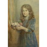 William E Evans (exhibited 1889-1909) Portrait of a young girl holding a bowl of flowers