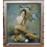 A Chinese School oil on board of a nude lady, signed lower right, ??? Shai, within a silver frame