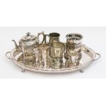 A large silver plated serving tray, a plated tea pot, bottle holders, tankards posy vases and a