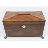 Victorian rose mahogany tea caddy. Sarcophagus shaped with two lift-out tea containers, cut-glass