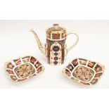 Royal Crown Derby 1128 coffee pot, together with a pair of 1128 bonbon dishes