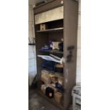 Steel shelving cabinet with roller shutter. THIS ITEM IS OFF SITE AND SHOULD BE COLLECTED FROM