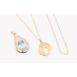 A collection of two 9ct gold pendants to include a square locket with canted corners on a fine 9ct