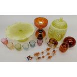 A small collection of decorative art glass to include: 2 Davidson vaseline glass pieces - a lidded