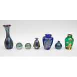 A collection of mid to late 20th century studio glass vases, paperweights etc.