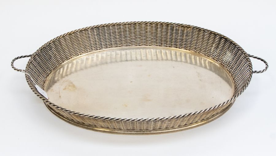 A French late 19th century / early 20th century silver plated basket weave style galleried tray by