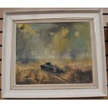 In the manner of David Shepherd,  a framed oil painting of a tank on battlefield, along with David
