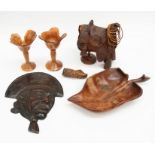 A collection of treen items i.e. leaf-shaped bowl, 19th century pipe head, pair of fruit wood vases,