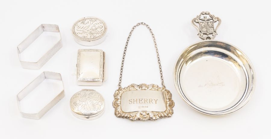 A collection of silver to include; An Italian 800 standard silver Taste Du Vin, marked Sandora