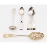 A collection of English silver flatware to include; five Newcastle silver teaspoons, Christian