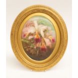 A hand painted porcelain plaque with floral decoration and gilt oval frame, signed D. Dewsbury lower