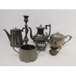 A large collection of pewter tea wares, tankards, Art Nouveau candlesticks - all late 19th/early