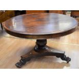 A 19th century round Victorian tilt-top occasional table on three splayed legs with lion's feet on