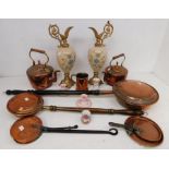 A collection of copper wares to include bedpans, 19th century kettles with two reproduction ewers