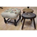 Two 19th century milking stools, together with two 20th century footstools and a small drop-leaf