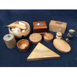 A collection of 20th century treen items, including boxes and bowls