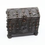 A religious designed bronze casket/church box, with ornate embossed decoration (modelled in the