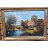 A late 19th century oil on canvas of a farm scene together with a 19th century oil on board of a