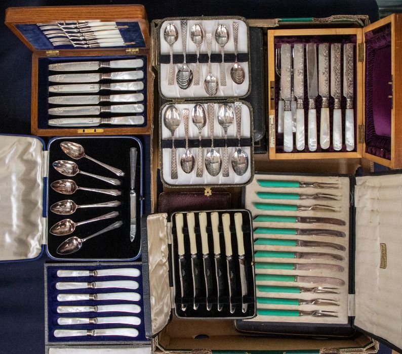 A collection of various EPNS cased or boxed cutlery sets to include: Art Deco style, modernist