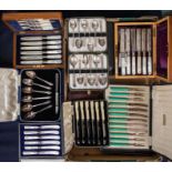 A collection of various EPNS cased or boxed cutlery sets to include: Art Deco style, modernist