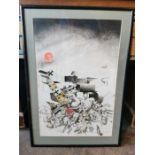 A German military propaganda water colour depicting crumpled armour and planes etc. Glazed and in