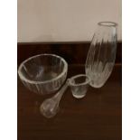 Selection of glass pieces. Orrafor art glass bowl and Royal Doulton vase plus two others.