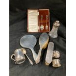 Silver dressing table set, 2 napkin rings, small tankard, fork 2 spoons and spray bottle.