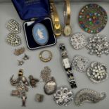 A selection of silver and costume jewellery. To include three ladies watches, Rotary, Sekonda and