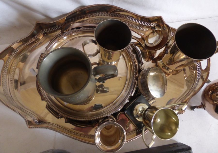 A plated oval gallery tray, various plated salvers, hot water jug and a set of fish knives and - Image 2 of 3