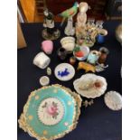 tray of ceramic items, silver plate copper and brass ware.