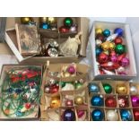 Vintage Christmas Decorations; Baubles , glass bells and Christmas tree lights and ornamental pieces