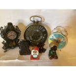 Vintage clock and novelty clock collection selection, to include carved wooden eye turning