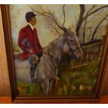 An Oil on board hunting scene dated and signed top right 1973, 48cm x 39cm and oval mirror and a