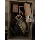 1 tray and 1 crate of treen items, figures, small boxes, plaques and others plus easel and green