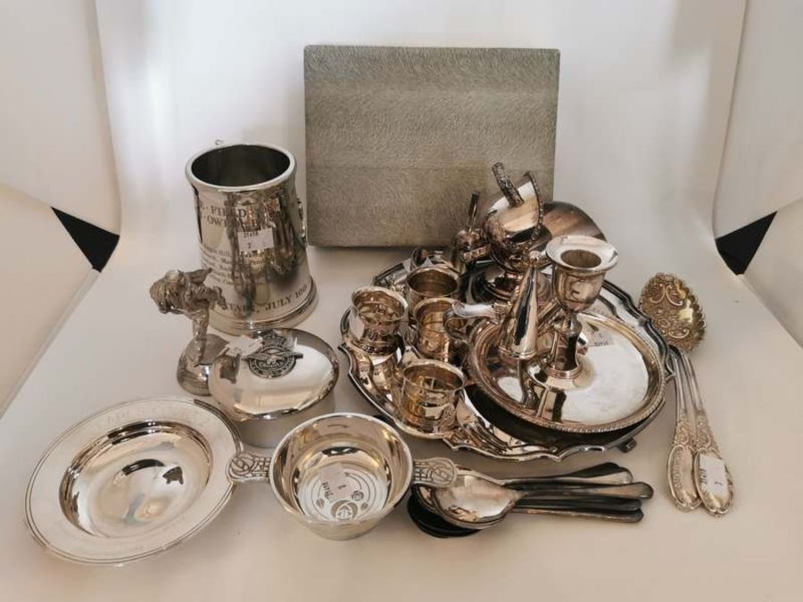 Selection of silverplate to include; a salver sugar scuttle, cutlery chamber stick and RAF related