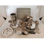 Selection of silverplate to include; a salver sugar scuttle, cutlery chamber stick and RAF related