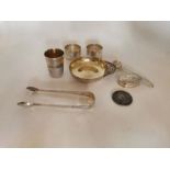 Group of Sterling silver items to include; thimble, wine taster, napkin rings, pill box, bright