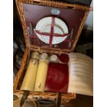 2 hampers, one complete with picnic ware, one with shoe stretchers and shaving brush, 2 mirror,