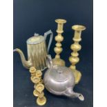 Plated Tea pot, coffee pot, 2 heavy brass candlesticks, 4 very heavy small candlesticks