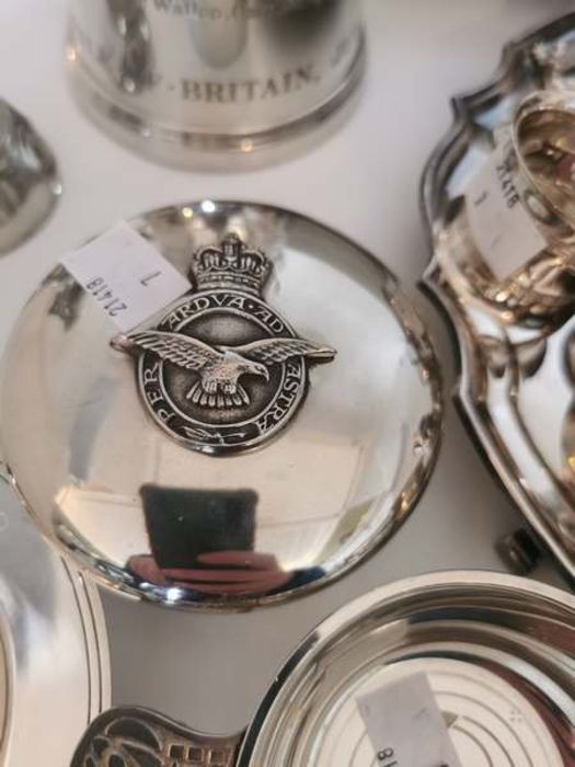 Selection of silverplate to include; a salver sugar scuttle, cutlery chamber stick and RAF related - Image 4 of 4