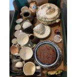 1 box of assorted pottery items including 5 Johnston Laura ashley thistle pattern cups and