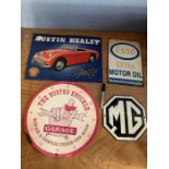 5 reproduction signs, 4 tin and the heavier MG sign