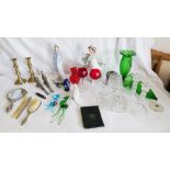 A plated dressing table set,  a lladro figure + 2 nao figures, some glass ware and a pair of brass