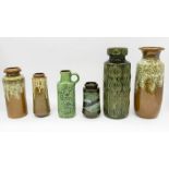 A collection of Western German mid century vases to include; largest in brown and mottled green,
