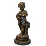 French School: A 20th century brown patinated bronze of a girl with flowers, on a circular marble