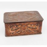 In the manner of Newlyn: A stylised copper trinket box with embossed fish and shell patterns. With