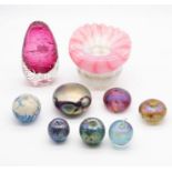 A collection of decorative glass to include; A signed Crackle form purple glass vase, a pink open